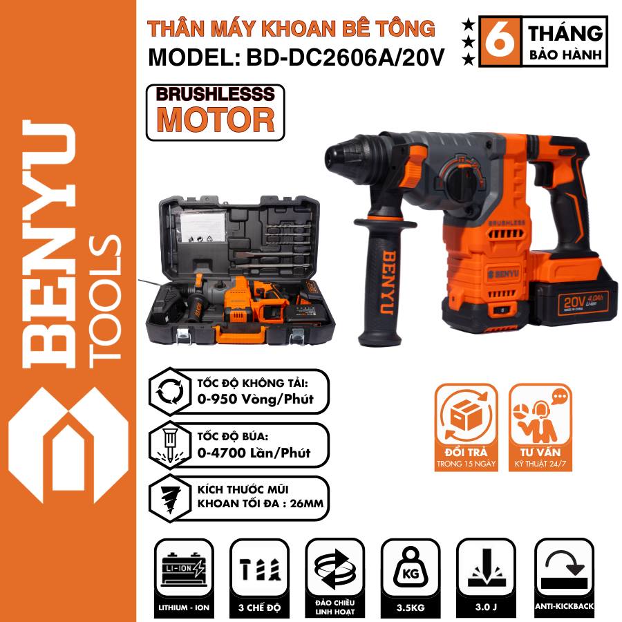 Thân Máy Khoan Bê Tông Benyu BD-DC2606A/20V – Hiệu Suất Mạnh Mẽ Cho Công Trình Chuyên Nghiệp